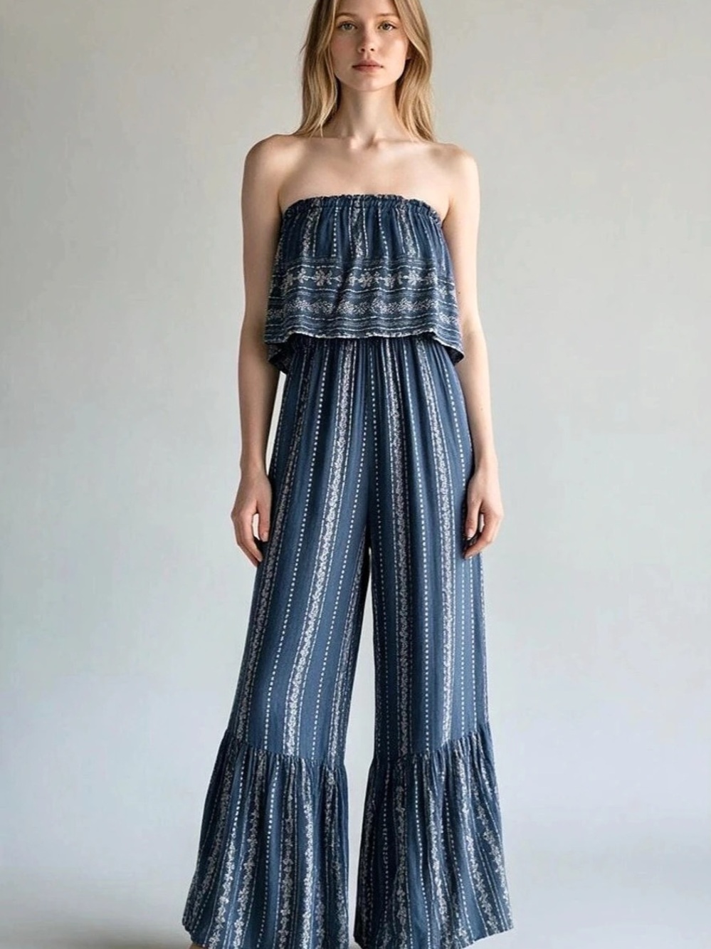 Japan Blue Floral Wide Leg Strapless Jumpsuit